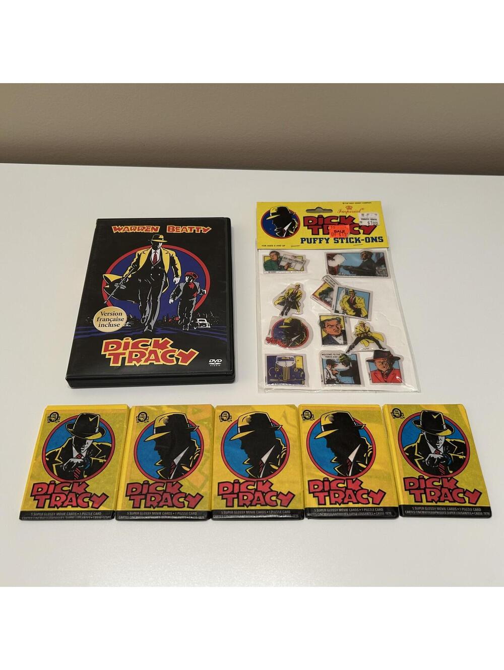 Vintage Dick Tracy Lot - DVD, Puffy Stickers and SEALED O-Pee-Chee Movie Cards